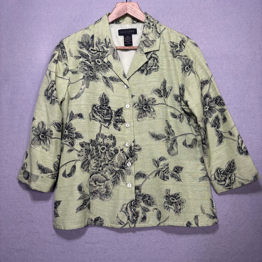 Silk Land Green Floral‎ Beaded 100% Silk Jacket M Romantic Cottagecore Garden